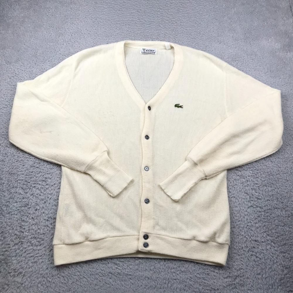 Vintage Izod Lacoste Sweater Mens L Ivory Acrylic Knit V Neck Grandpa Cardigan